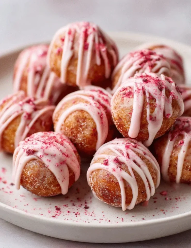 Delicious strawberry-glazed donut holes on a plate