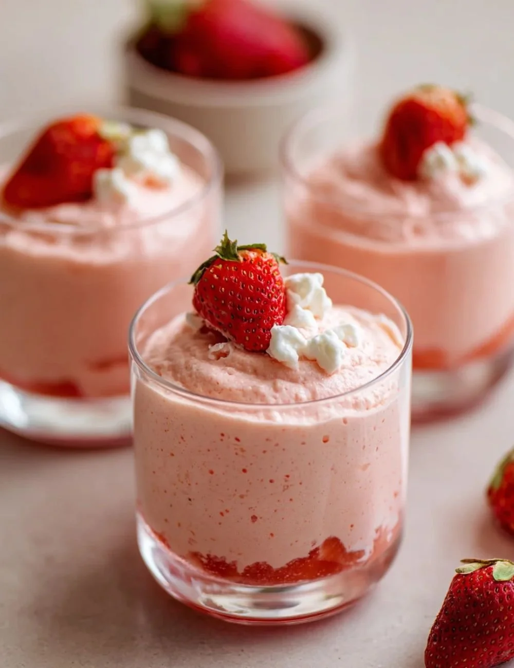 Delicious homemade strawberry mousse served in a glass with fresh strawberries.