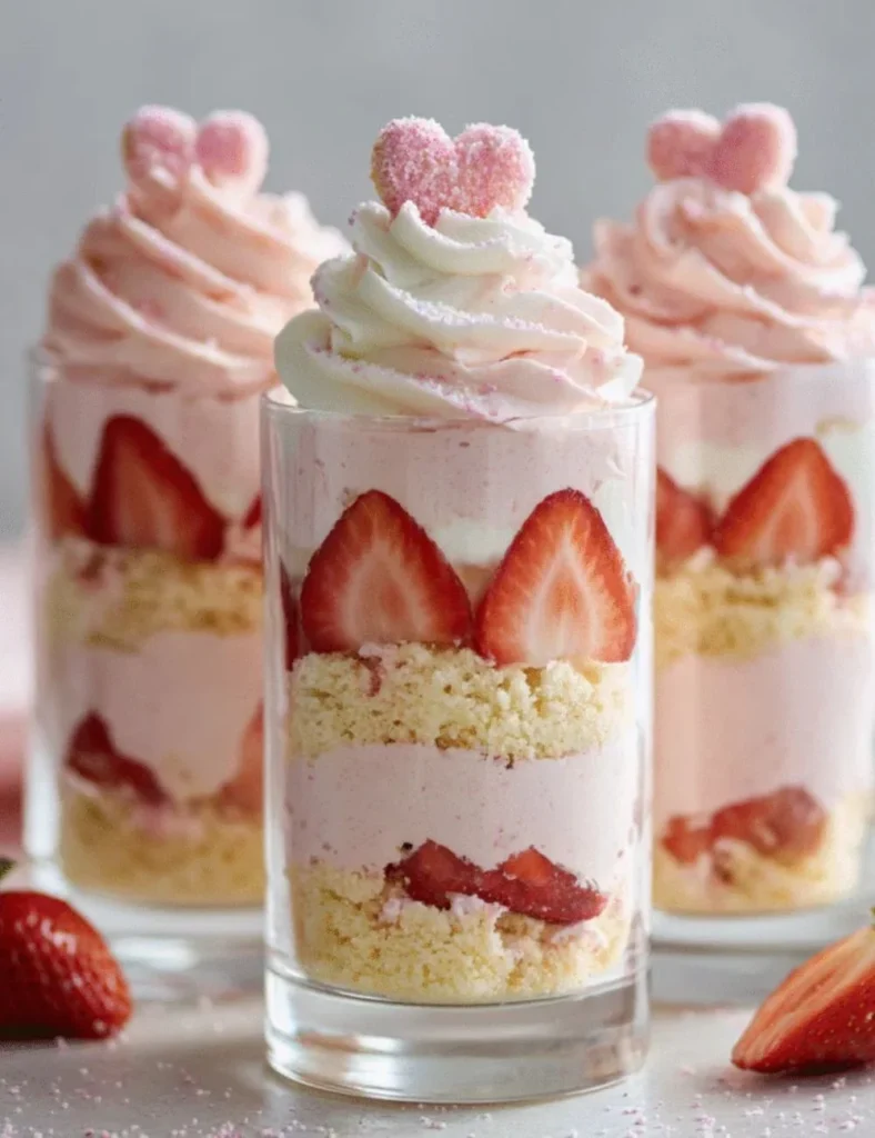 Strawberry shortcake dessert cups with fresh strawberries and whipped cream