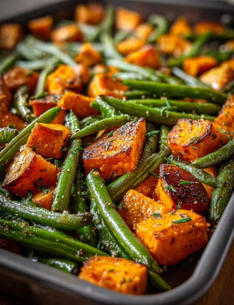 Delicious Sweet Potato Green Bean Tray Bake fresh out of the oven