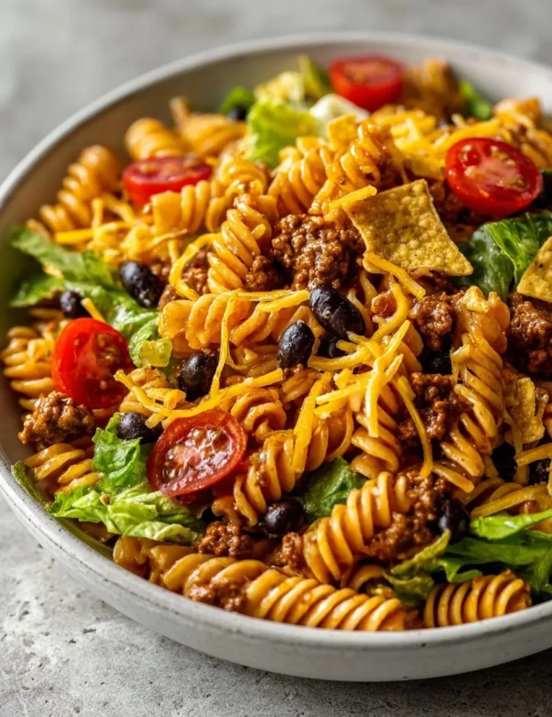 Colorful Taco Pasta Salad with fresh vegetables and zesty dressing