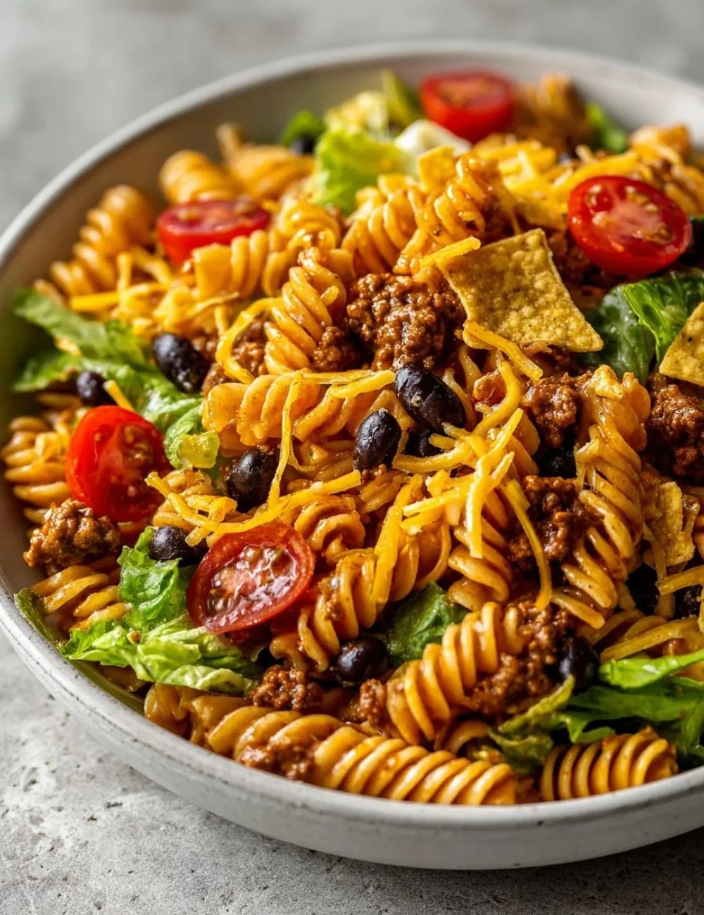 Colorful Taco Pasta Salad with fresh vegetables and zesty dressing