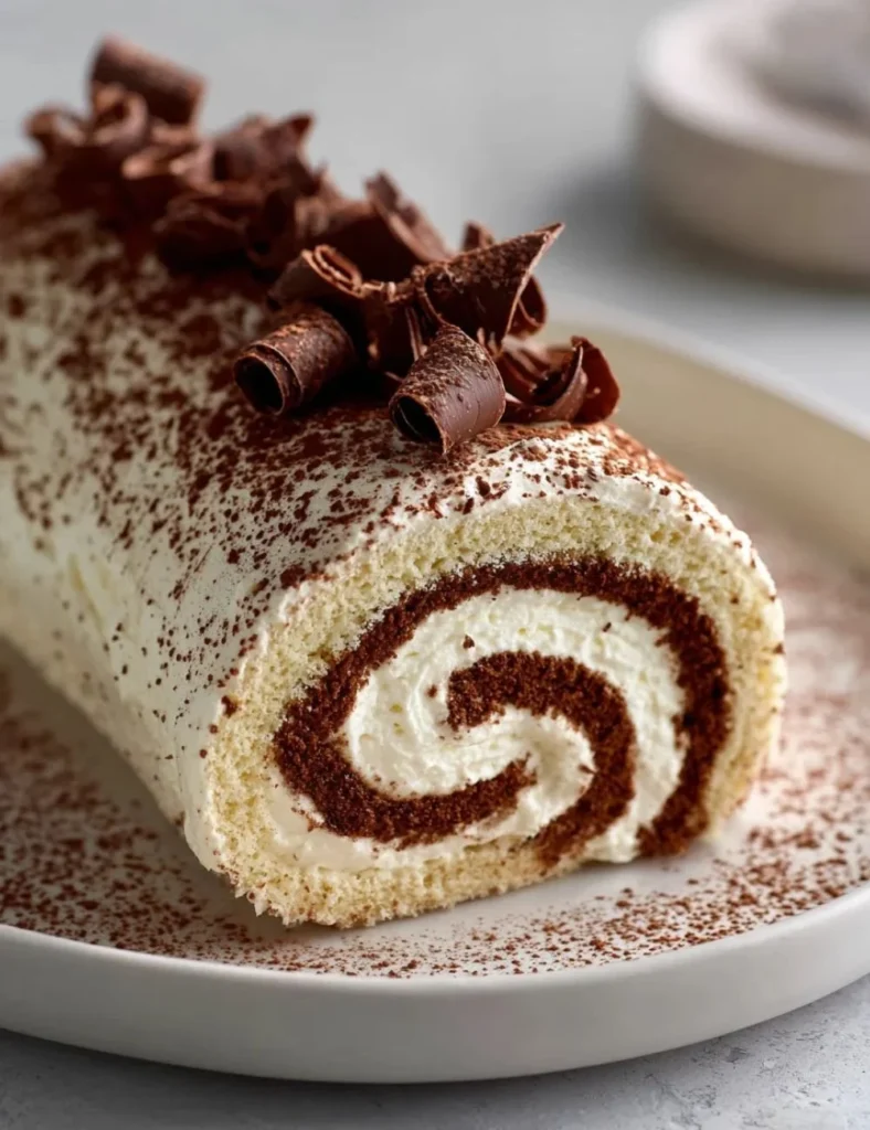 Delicious Tiramisu Yule Log Cake decorated for the holidays