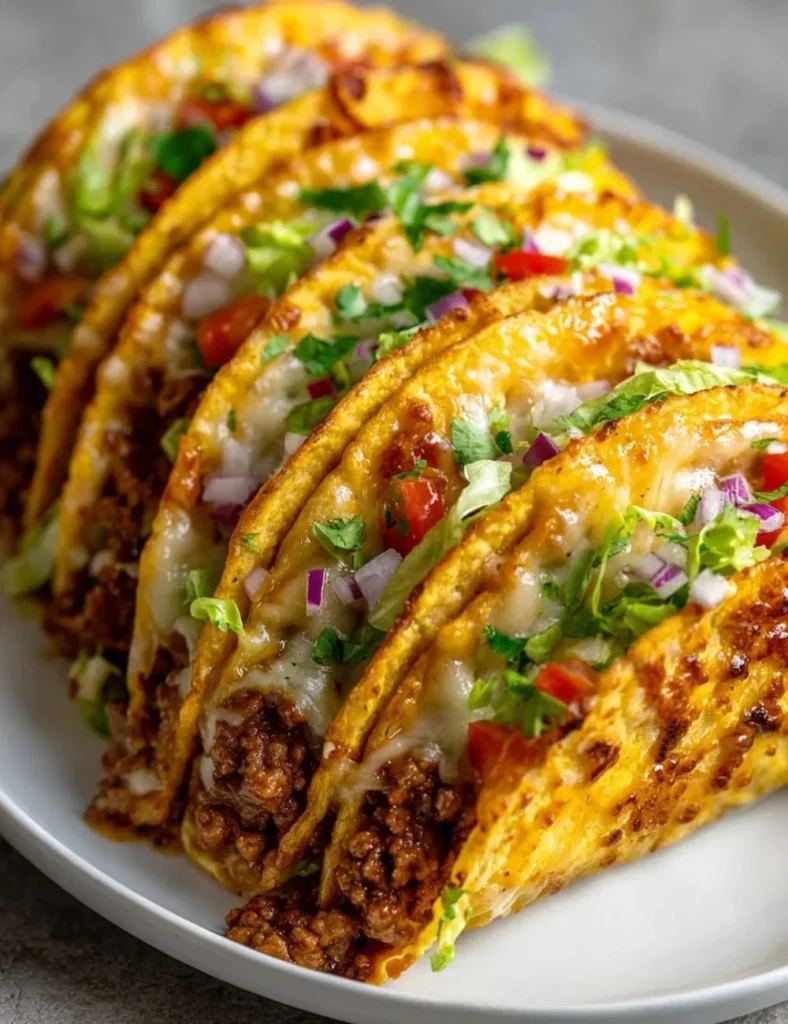 Delicious oven baked cheesy tacos ready to serve on a plate