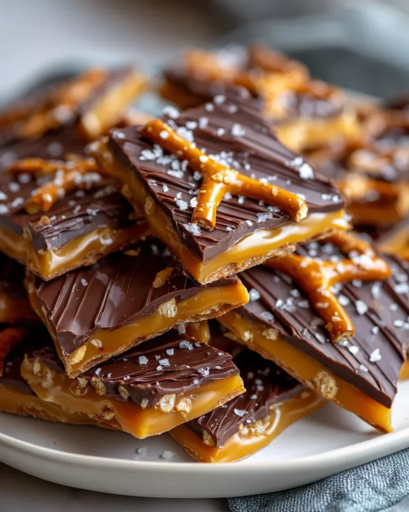 Delicious salted caramel pretzel bark with chocolate and pretzels layered on top.