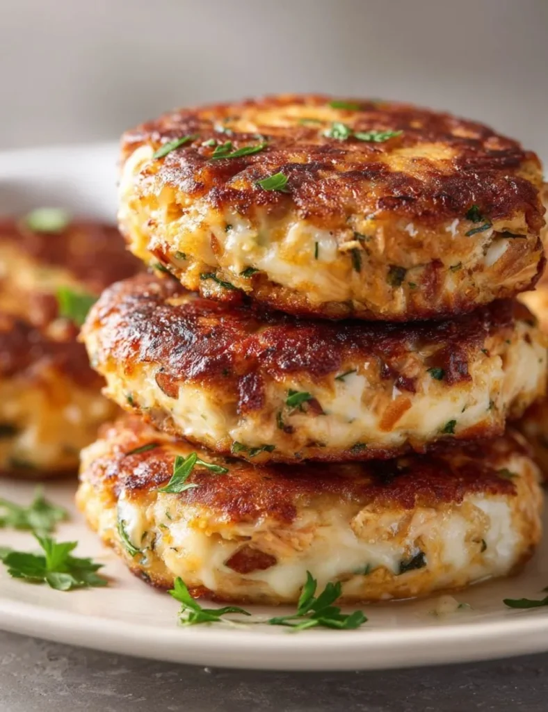 Tuna melt patties served on a plate with garnishes