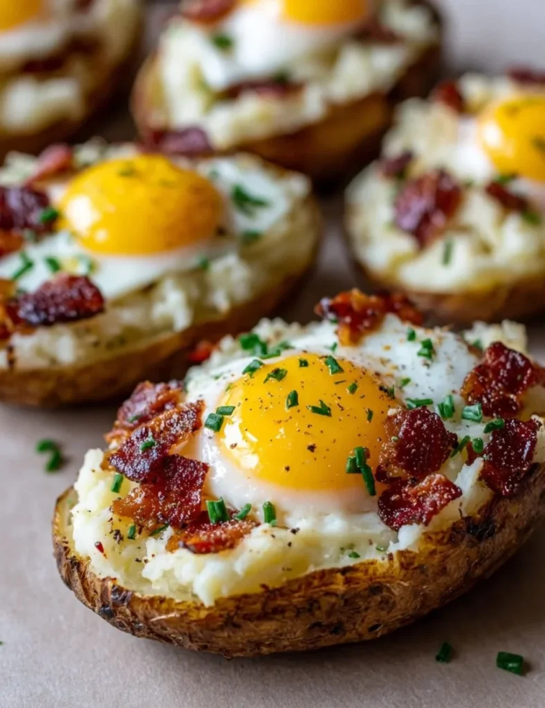 Twice Baked Loaded Breakfast Potatoes topped with cheese and herbs