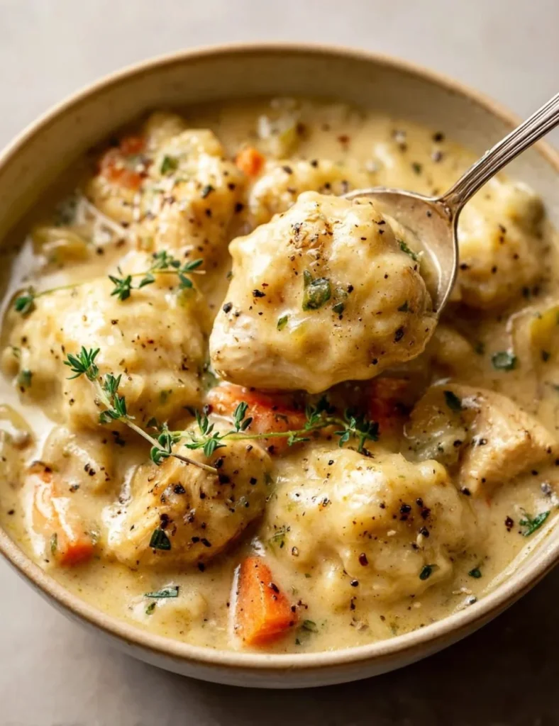 Delicious Vegan Chicken and Dumplings in a serving bowl, garnished for presentation.