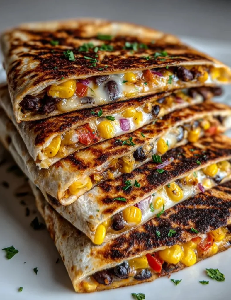 Vegan quesadillas with black beans and avocado served on a plate