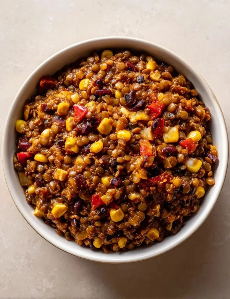 Bowl of vegetarian Mexican lentils topped with fresh cilantro and lime