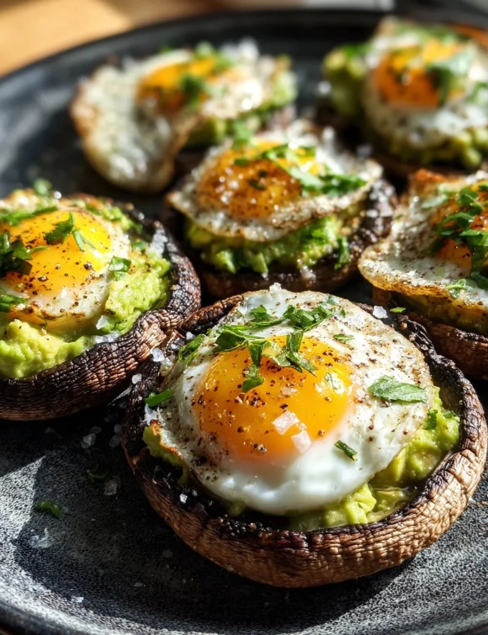 Avocado and egg stuffed portobello mushrooms on a plate garnished with herbs.