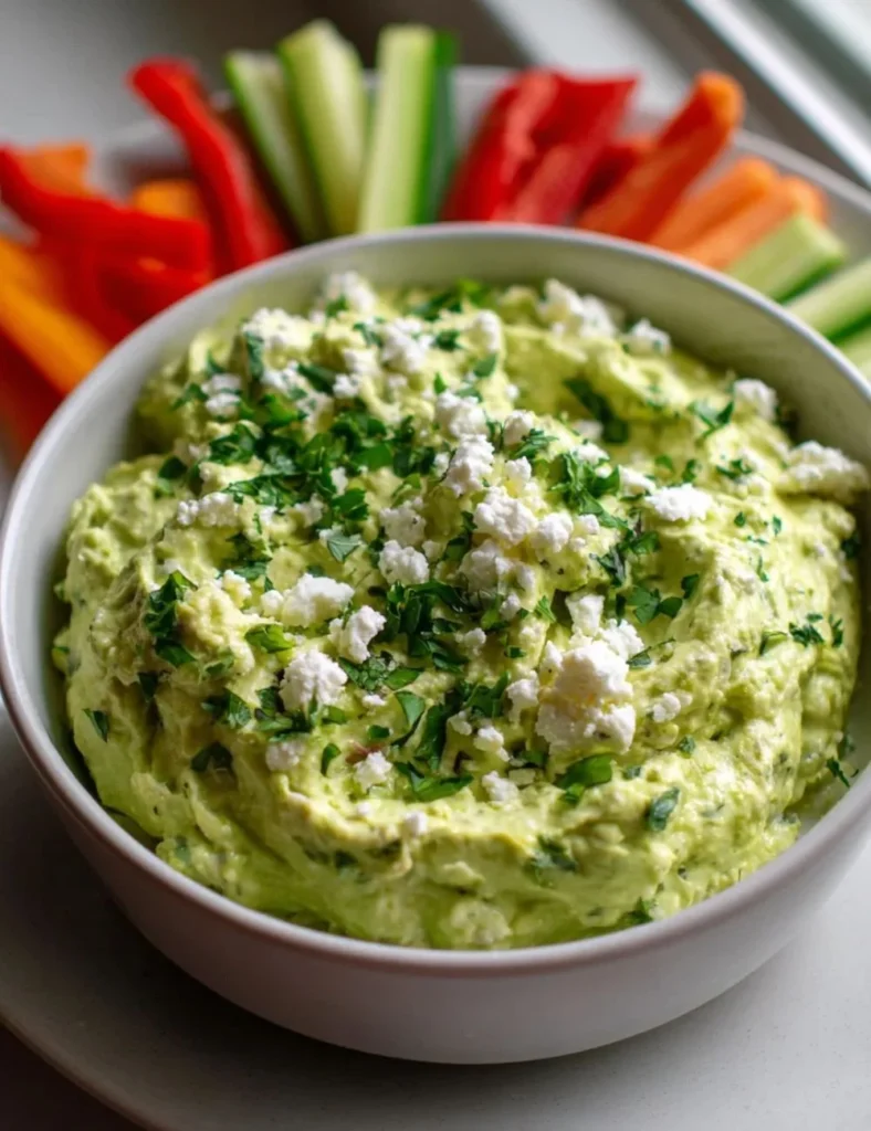 Creamy Avocado Feta Dip served in a bowl with fresh herbs