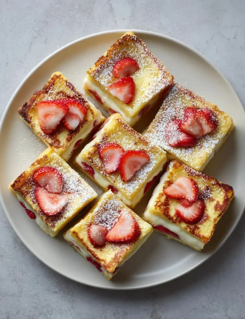 Baked strawberries and cream French toast served with syrup and fresh berries.