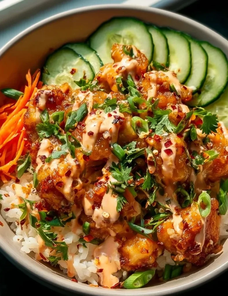 Delicious Bang Bang Chicken Bowl with crispy chicken and fresh vegetables