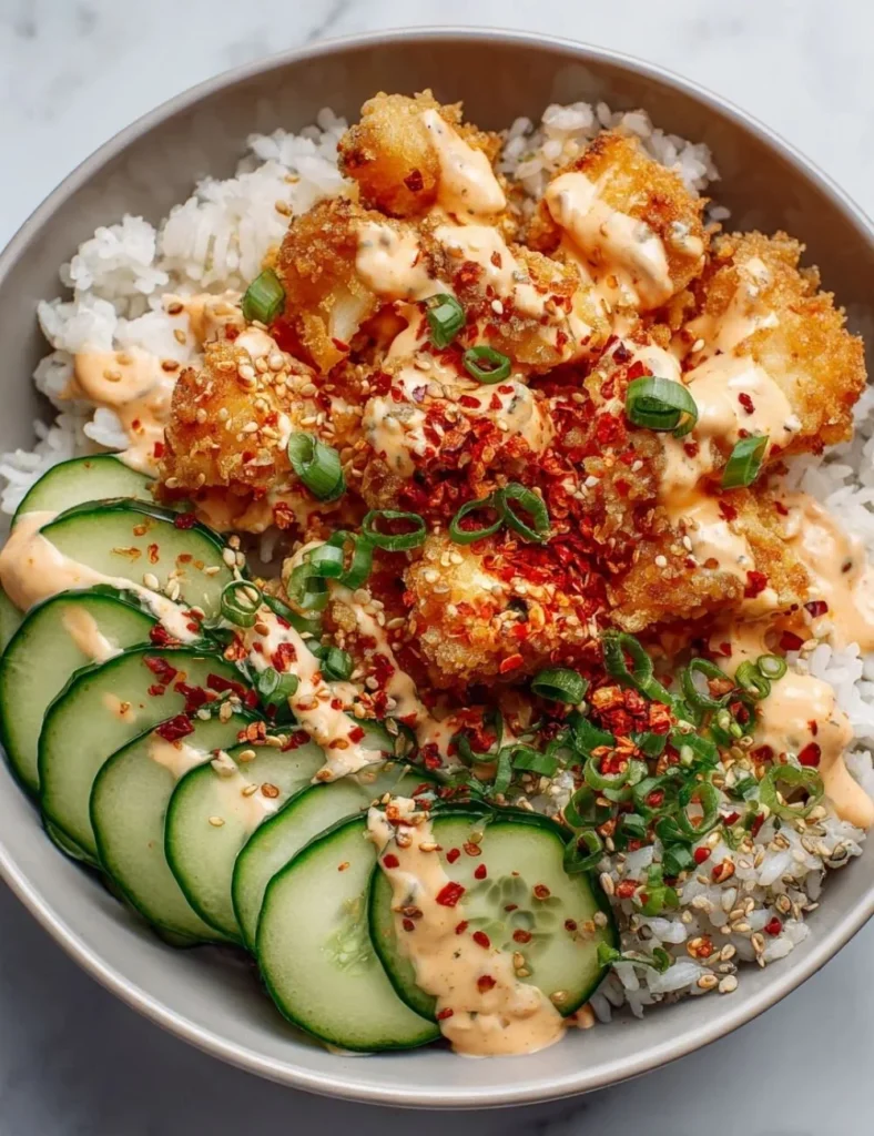 Delicious Bang Bang Chicken Bowl with crispy chicken and fresh veggies
