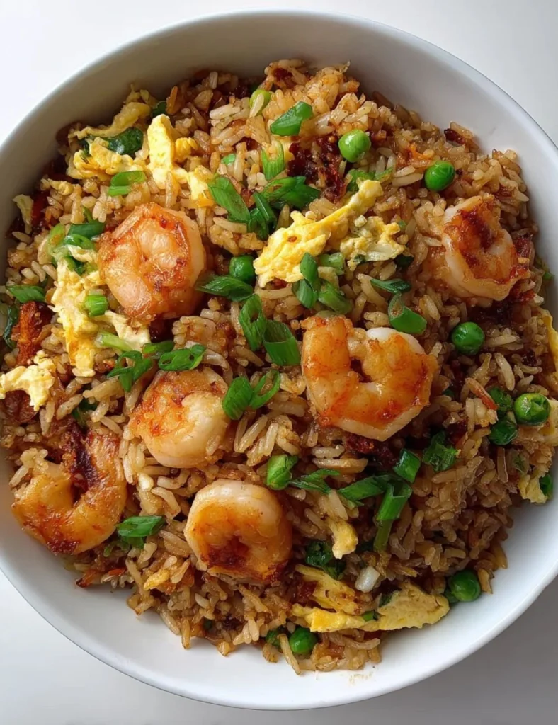 Plate of Bang Bang Fried Rice garnished with vegetables and spices