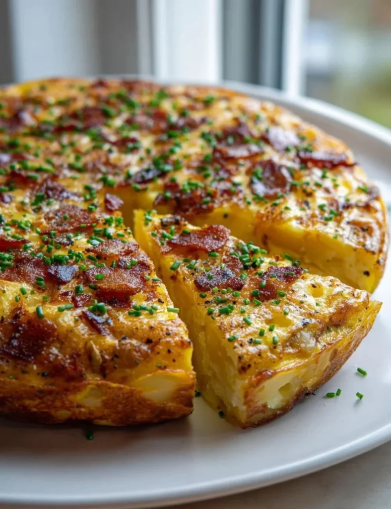 Beef Bacon Potato Frittata with crispy bacon and golden potatoes