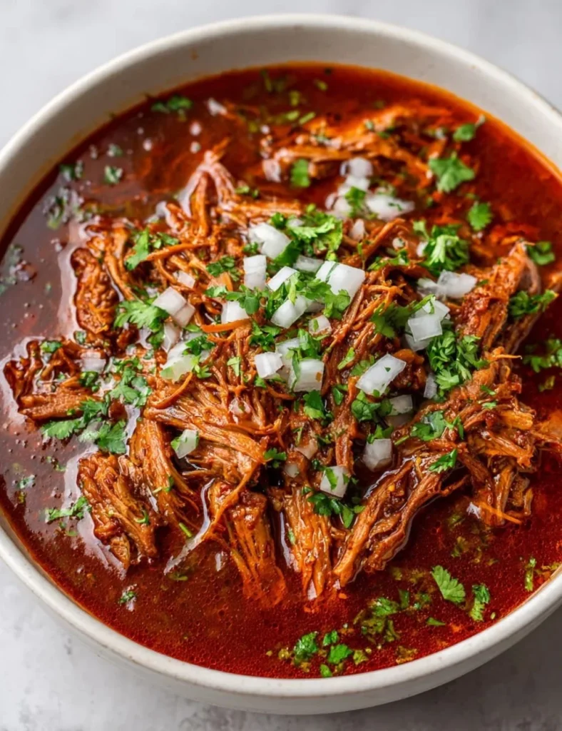 A bowl of flavorful Beef Birria with rich broth and garnishes.