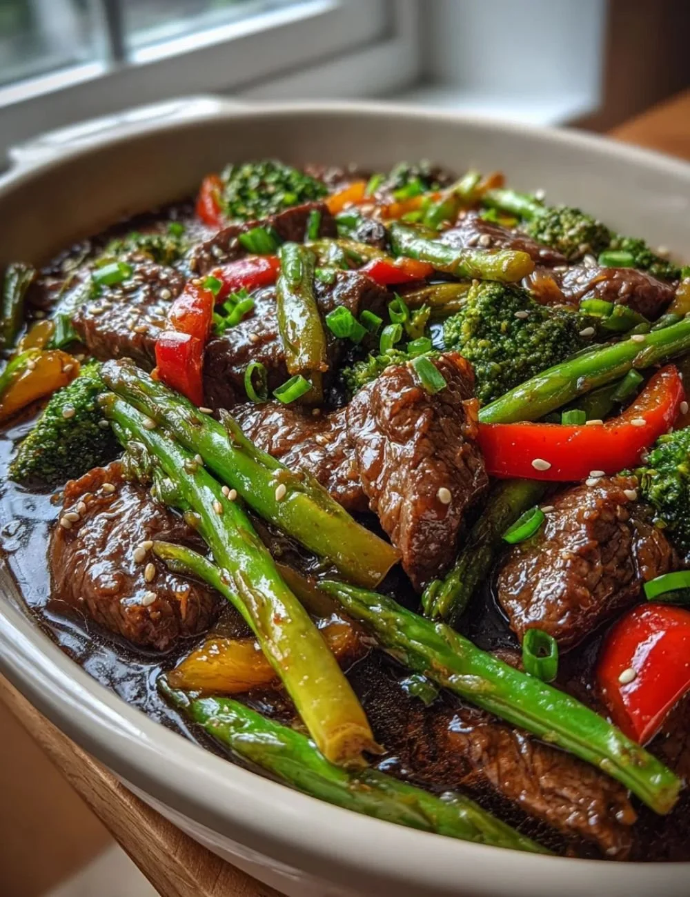 Beef stir fry with fresh vegetables on a colorful plate