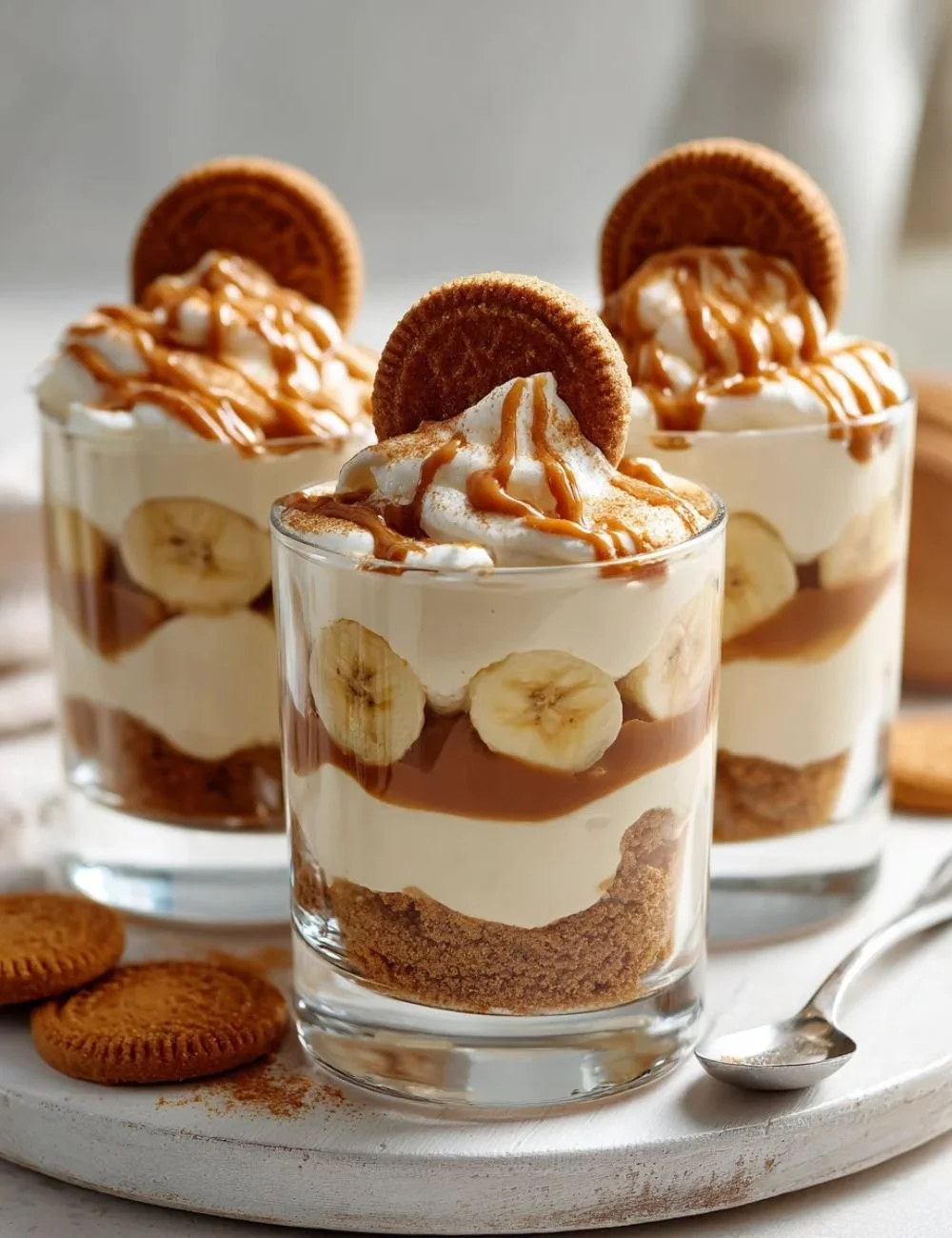 Biscoff Banana Pudding dessert served in a glass bowl, topped with crushed Biscoff cookies.