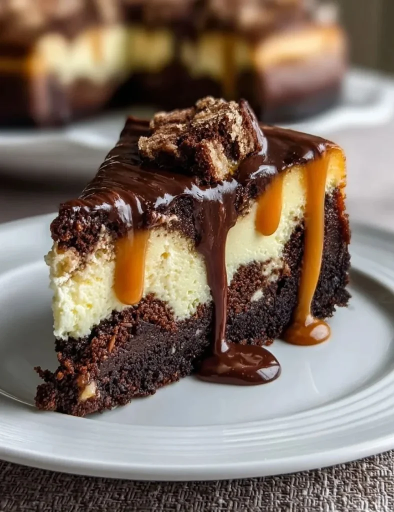 Slice of decadent Brownie Cheesecake with chocolate drizzle and whipped cream