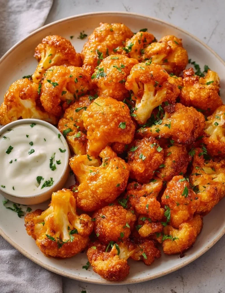 Plate of spicy Buffalo Cauliflower Wings served with dipping sauce