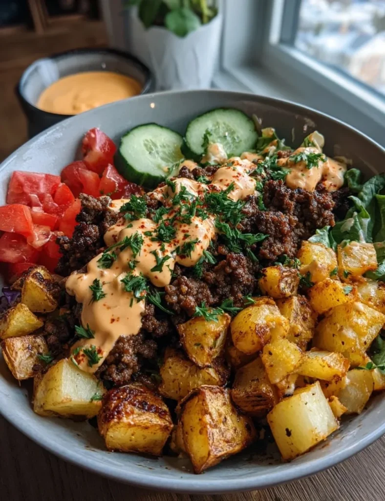 Flavorful and fresh burger bowls topped with ingredients