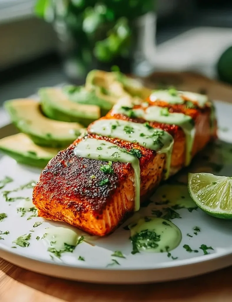 Cajun Salmon served with avocado and lime for a healthy meal option