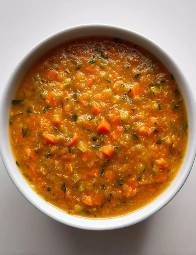 Bowl of flavorful Carrot and Celery Soup garnished with herbs.