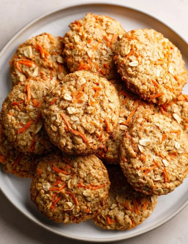 Delicious carrot cake oatmeal cookies topped with nuts and cream cheese frosting.