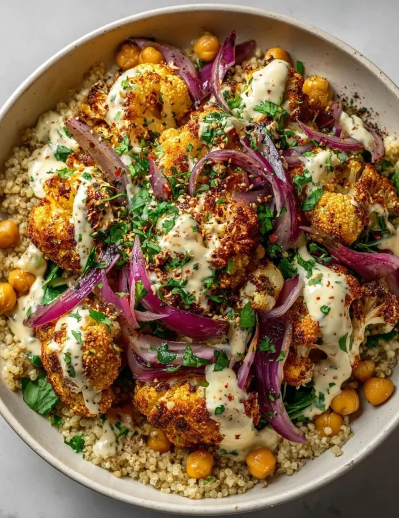 A vibrant Cauliflower Shawarma Bowl filled with seasoned cauliflower and fresh vegetables.
