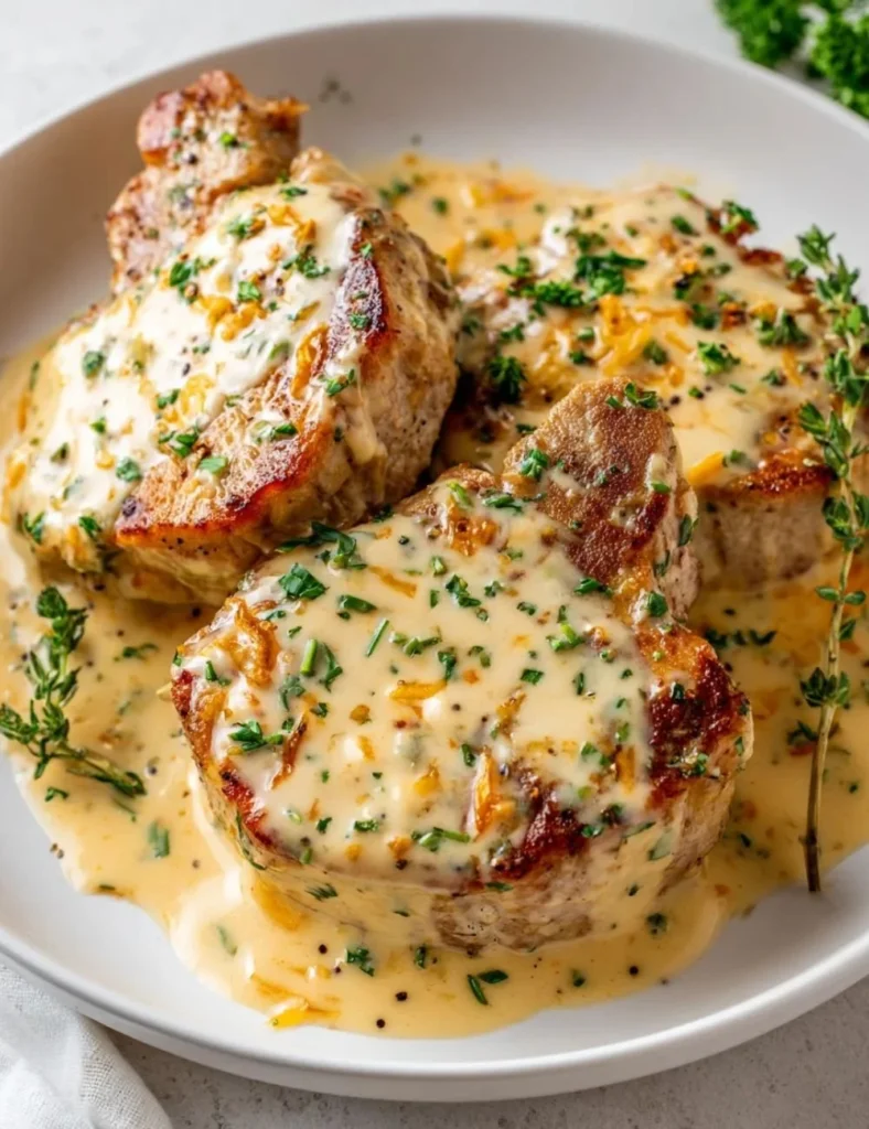 Delicious cheddar ranch beef chops on a plate, garnished with herbs.