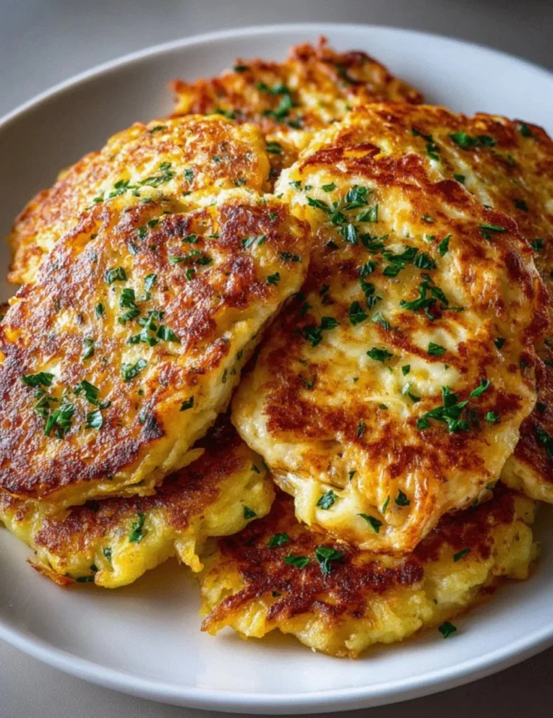 Delicious cheesy potato pancakes topped with chicken and mozzarella cheese