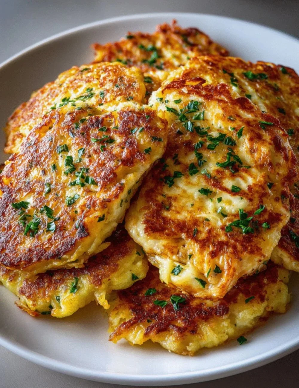 Delicious cheesy potato pancakes topped with chicken and mozzarella cheese