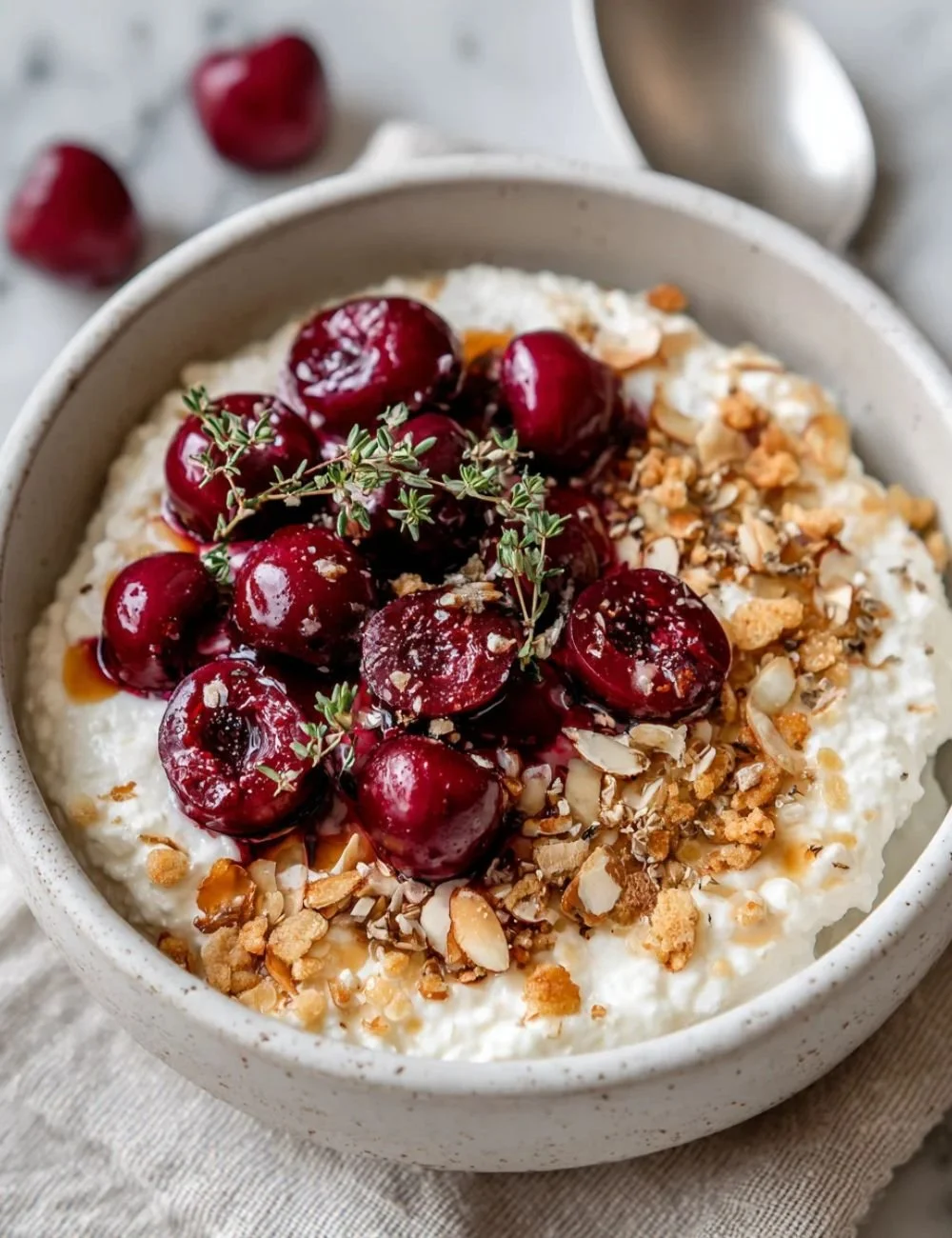 Cherry Cheesecake Breakfast Bowl topped with fresh cherries and creamy cheesecake.