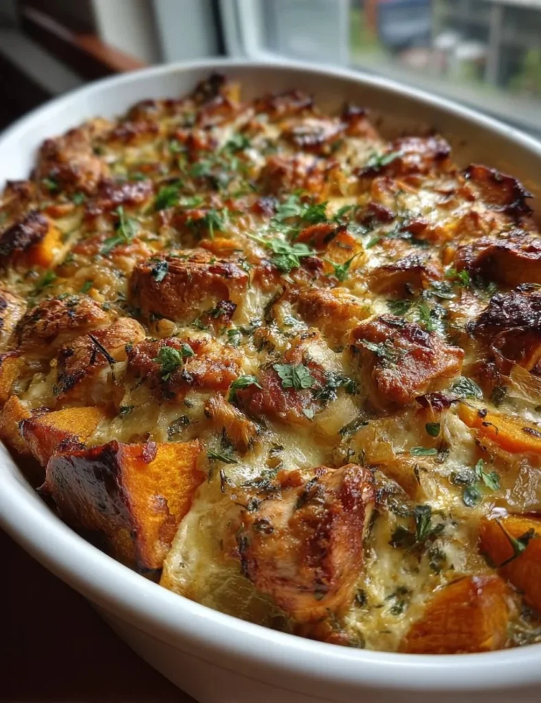Chicken Bake with leeks and butternut squash, a comforting casserole dish.