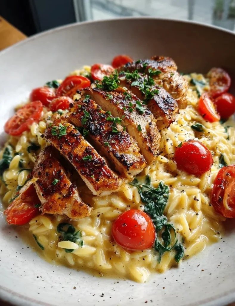 A bowl of Chicken Orzo with vegetables and herbs, garnished for presentation.