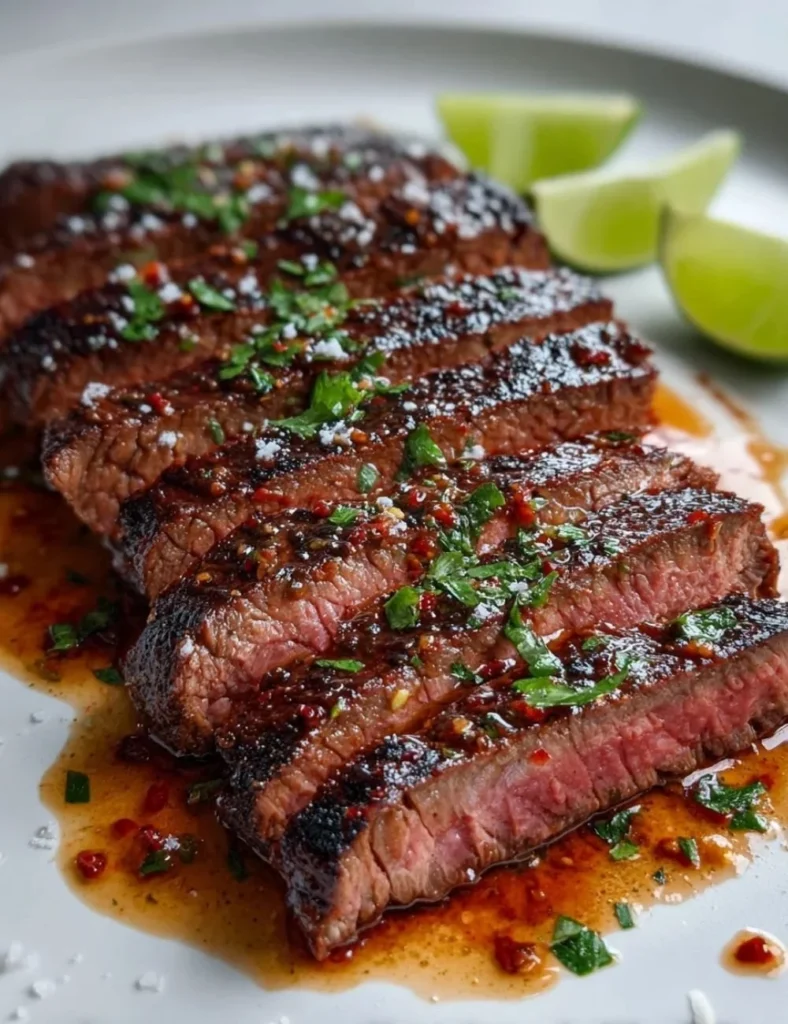 Delicious chili lime flank steak garnished with fresh herbs and lime slices