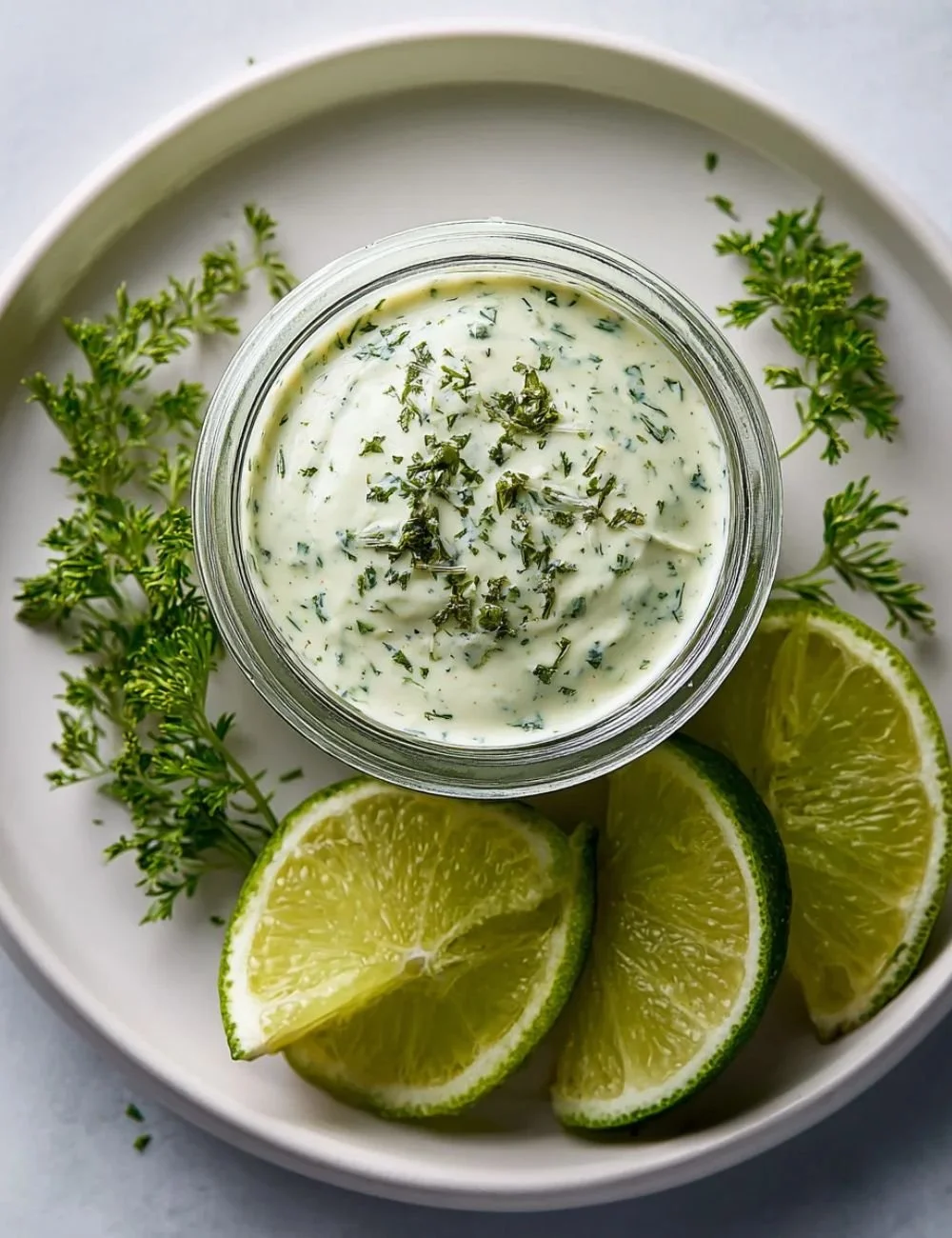 Fresh cilantro garlic sauce in a small bowl with herbs and garlic