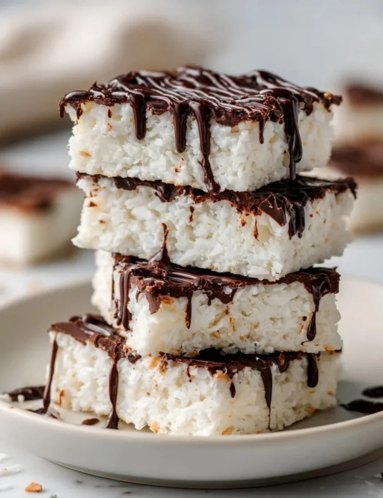Delicious homemade coconut bars on a wooden board