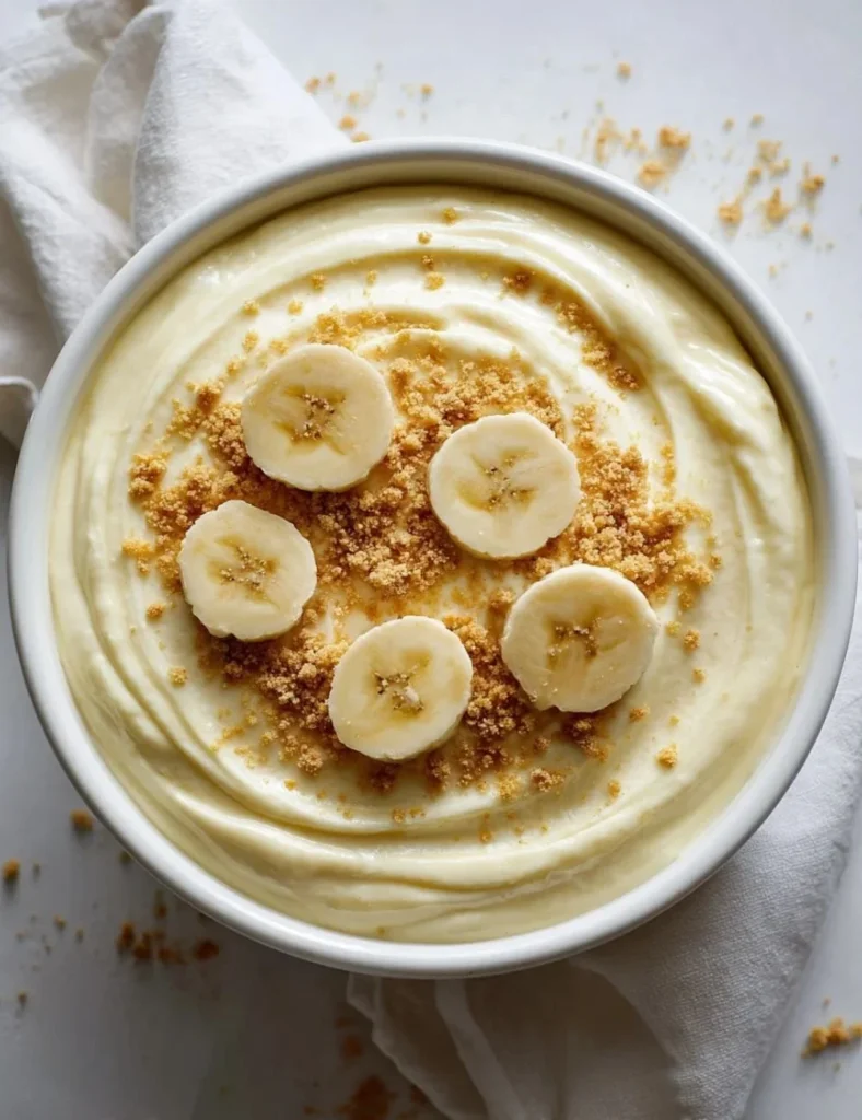 Delicious cottage cheese banana pudding served in a bowl with banana slices.