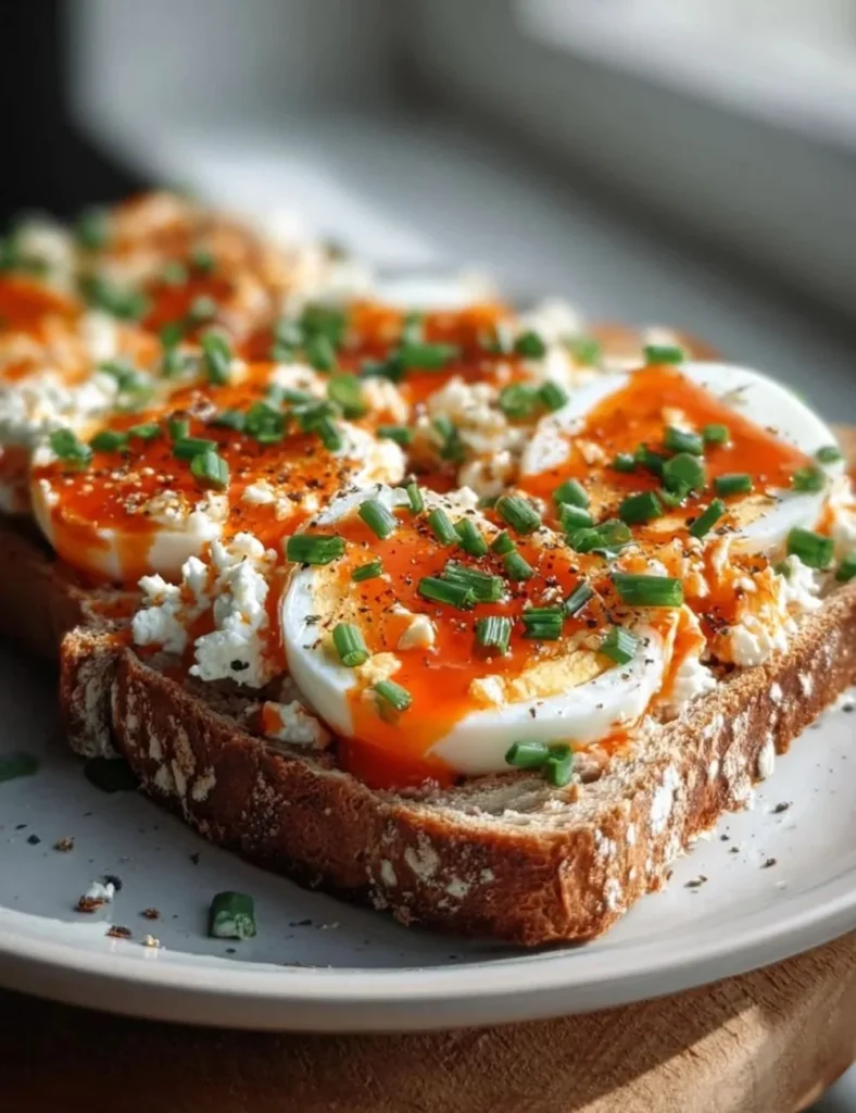 Cottage cheese egg sriracha toast topped with fresh herbs