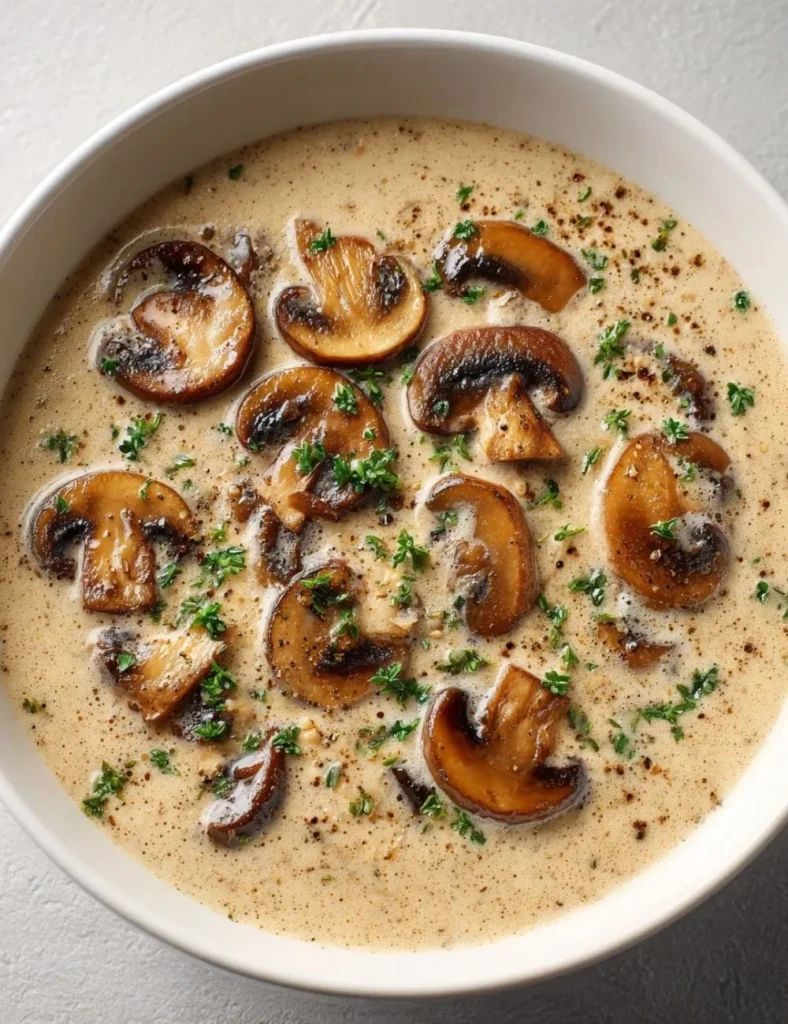 Bowl of cottage cheese mushroom soup garnished with herbs and spices