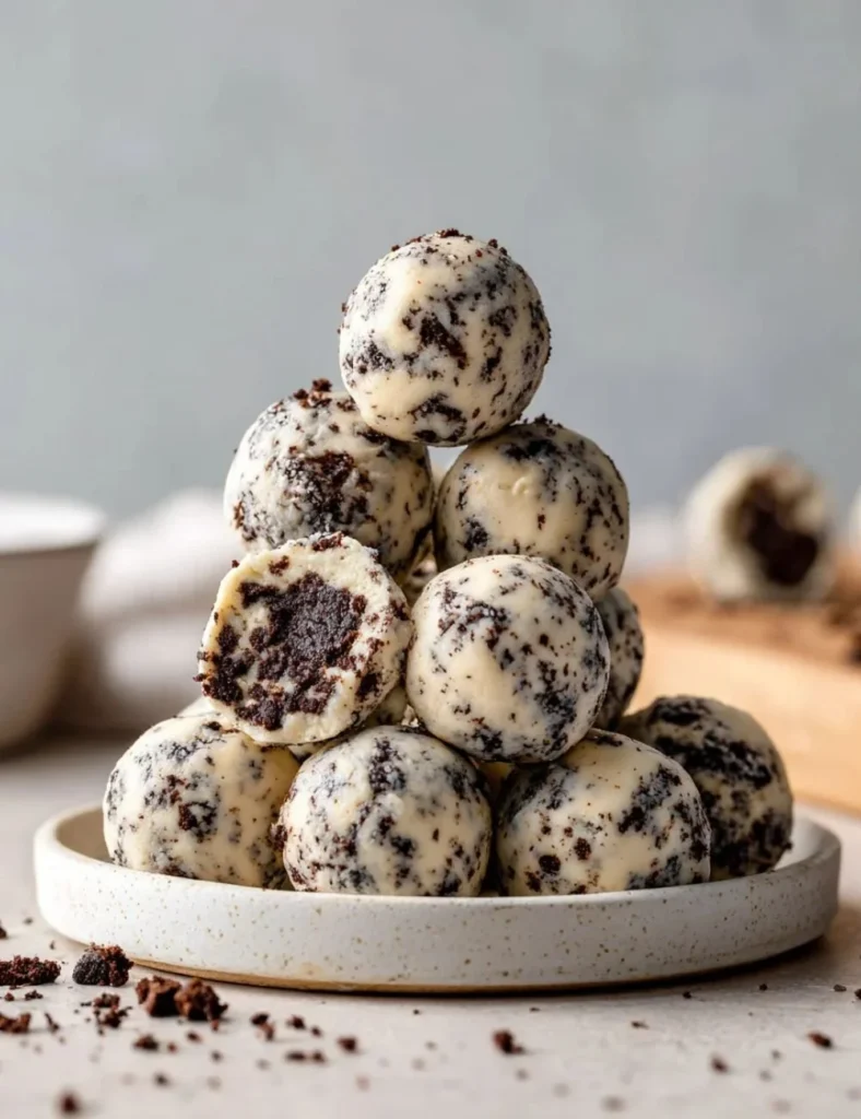Cream cheese Oreo protein balls on a decorative plate