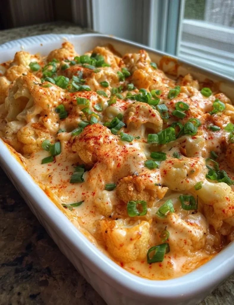 Creamy buffalo chicken cauliflower casserole topped with herbs and cheese