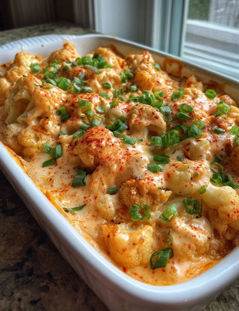 Creamy buffalo chicken cauliflower casserole topped with herbs and cheese