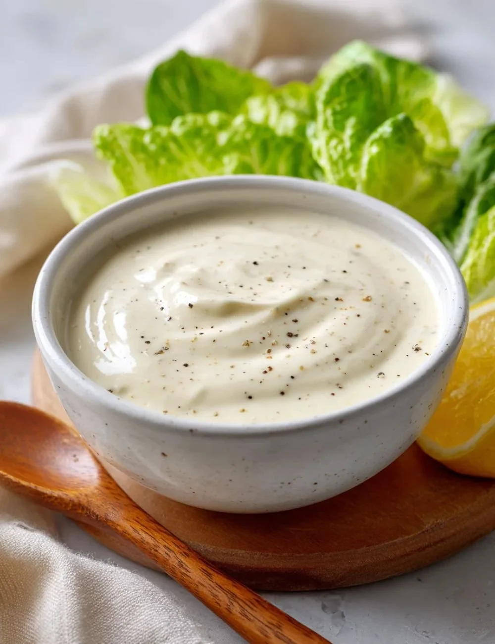 Creamy Cottage Cheese Caesar Dressing served in a bowl with herbs and croutons.