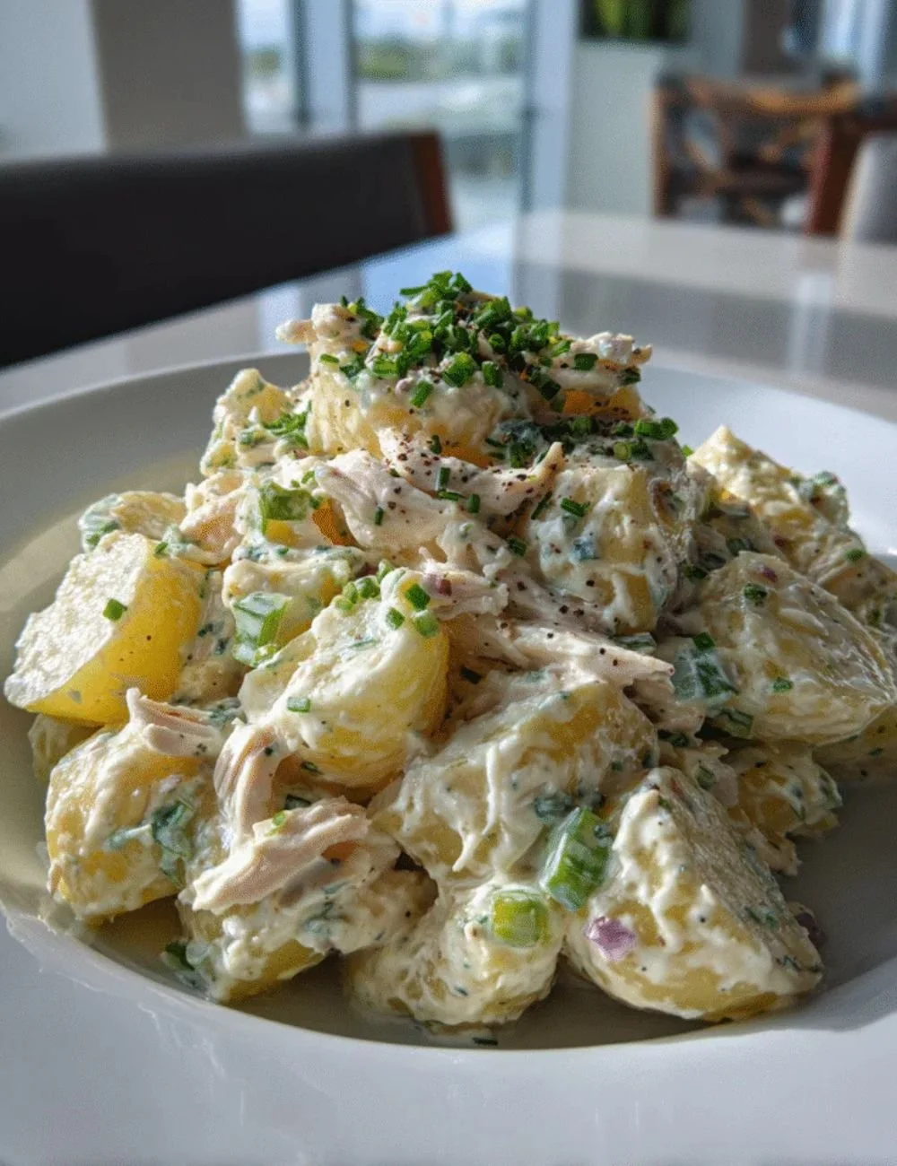 Creamy Ranch Chicken Potato Salad served in a bowl with fresh ingredients
