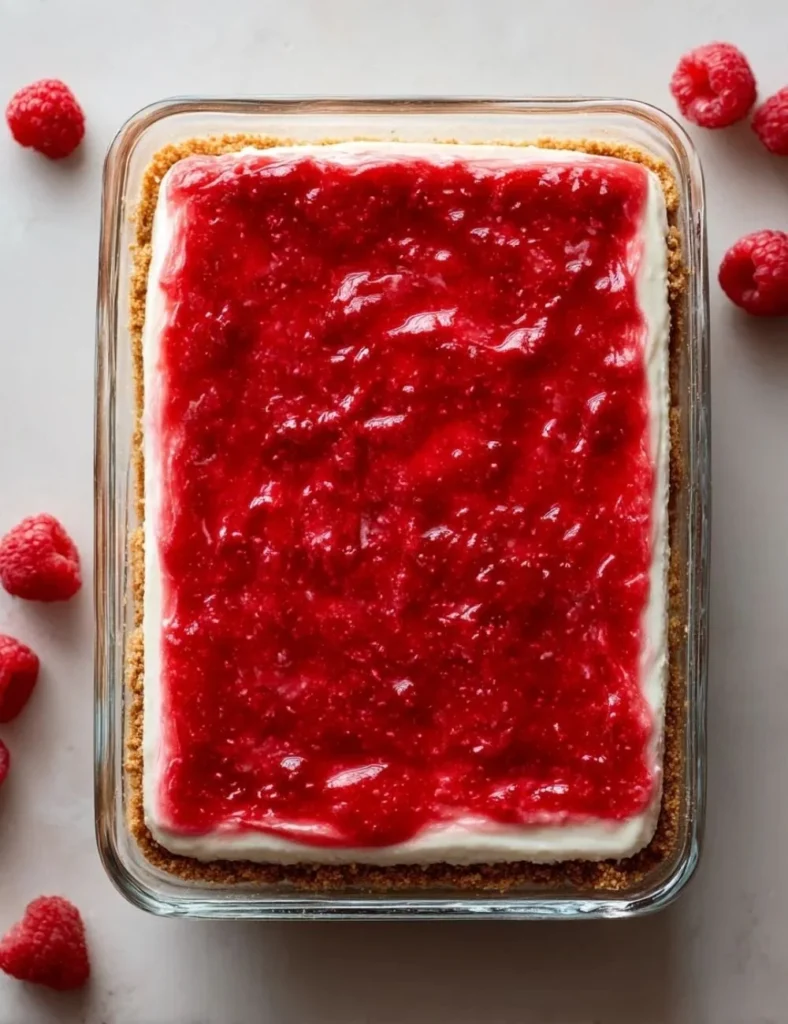 Slice of creamy raspberry cheesecake with fresh raspberries on top