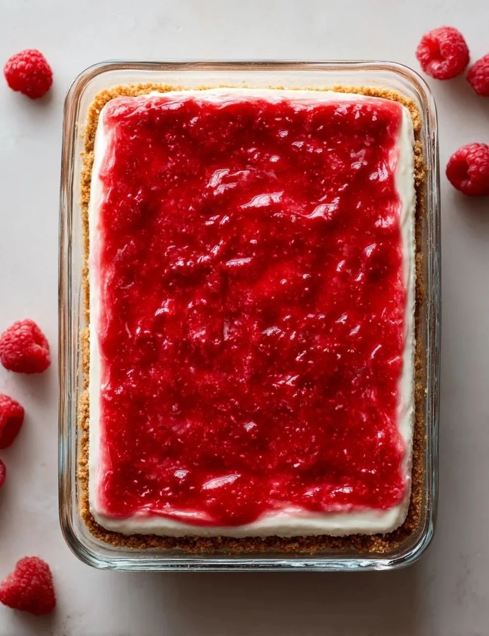 Slice of creamy raspberry cheesecake with fresh raspberries on top